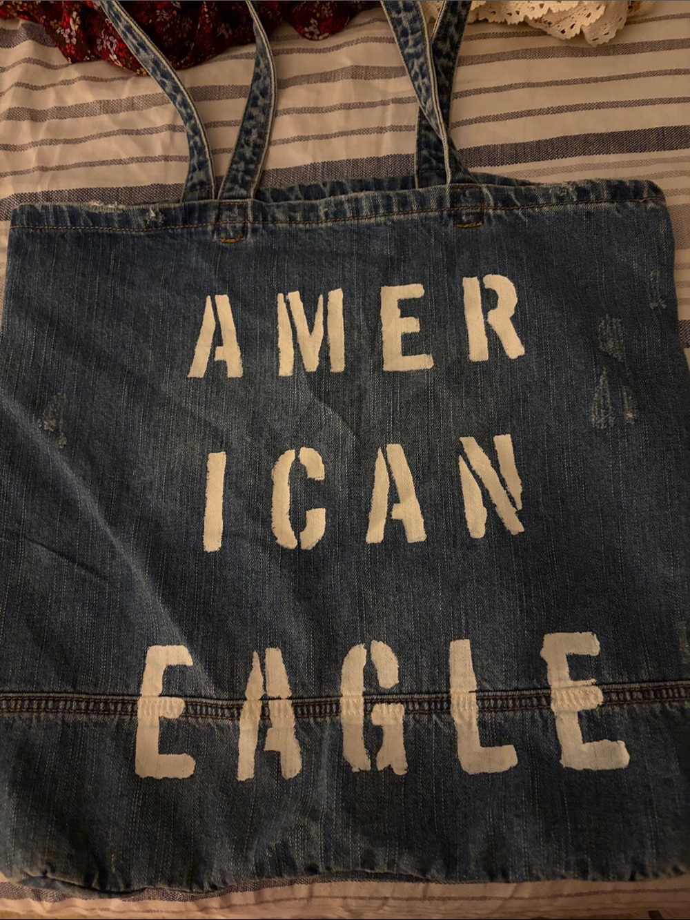 American Eagle Outfitters Denim Messenger Tote in Blue with White Logo